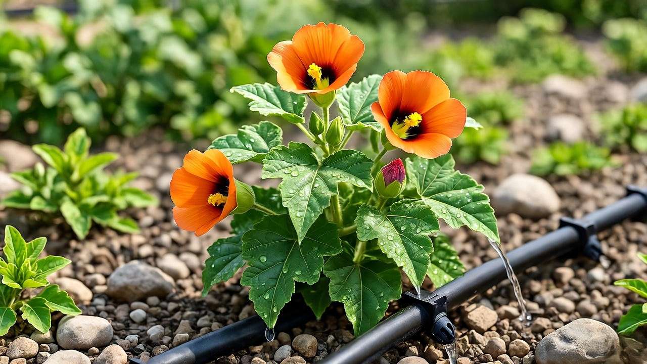 Desert mallow plant being watered with drip irrigation in a rocky desert garde