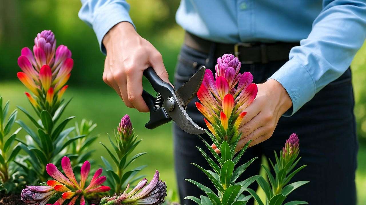 Gardener pruning a dragon breath plant with shears and healthy blooms'