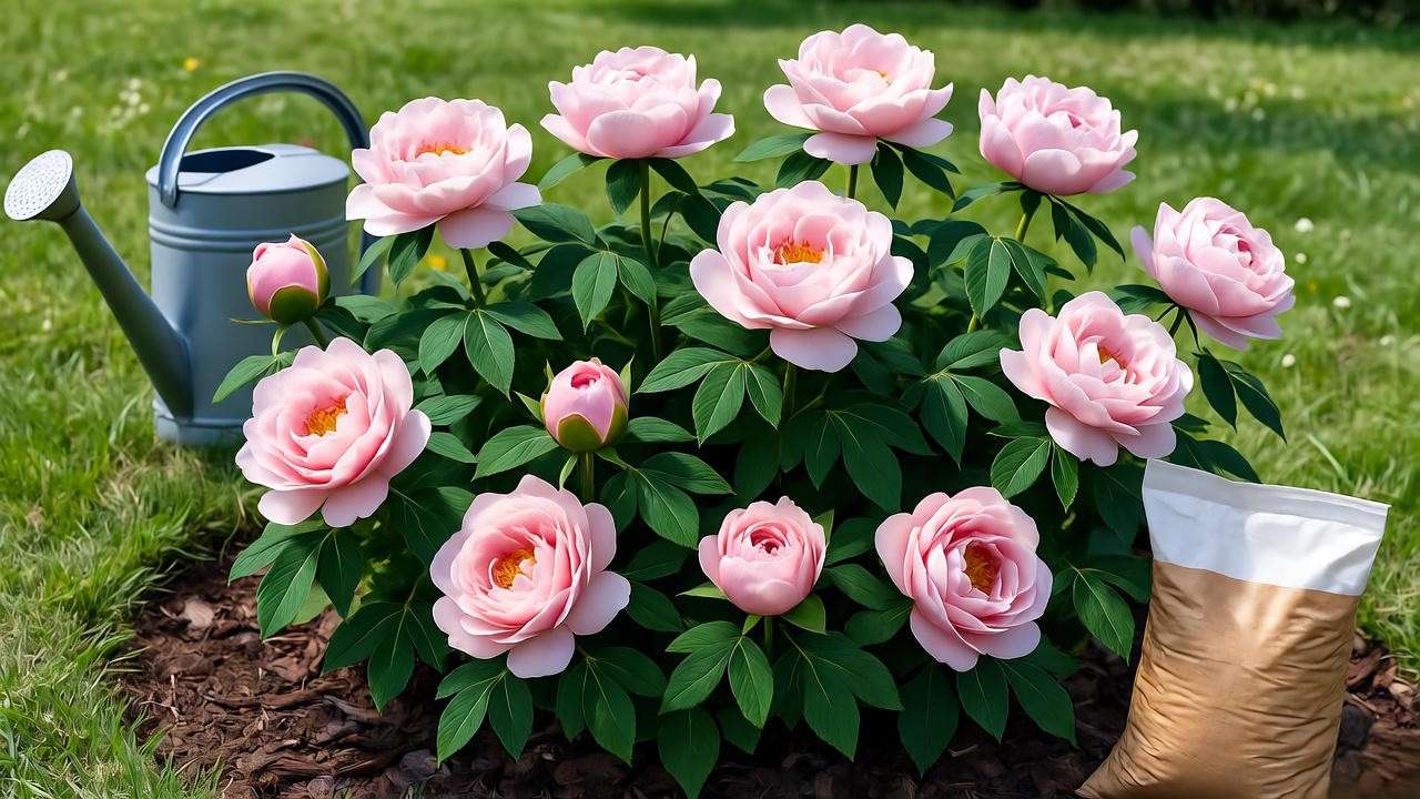 Earth Angel Rose Plant with watering can and fertilizer in a summer garden bed."
