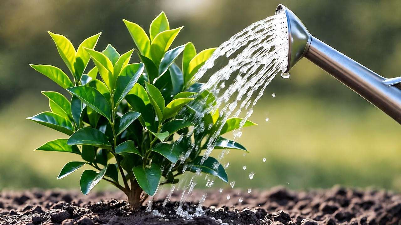 Watering a kaffir lime plant with healthy leaves and moist soil in a garden."