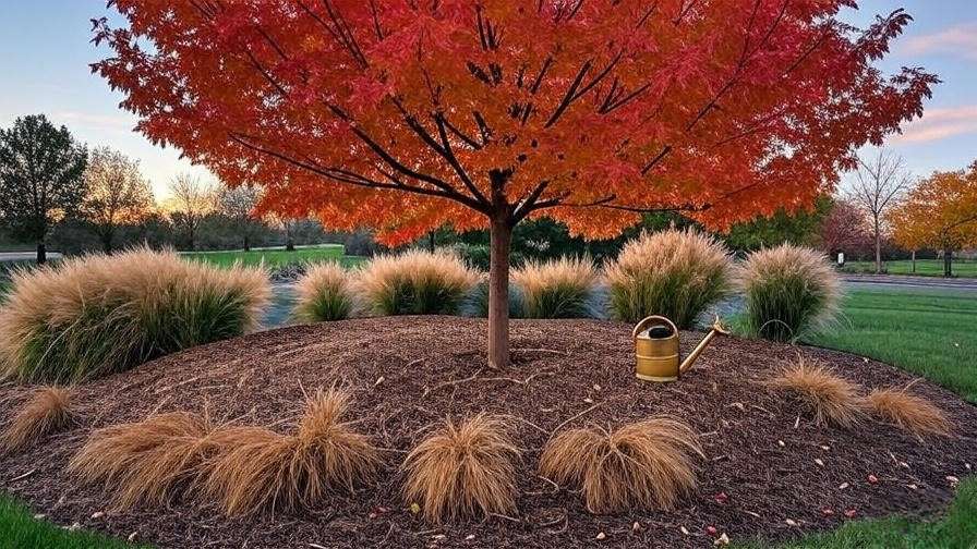 Sensation Maple Tree with red and orange leaves and watering can in a mulched garden."
