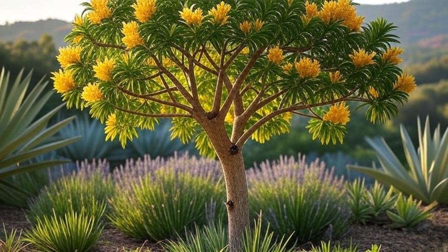 Mature verawood tree with yellow blooms and pruned branches in a tropical garden".