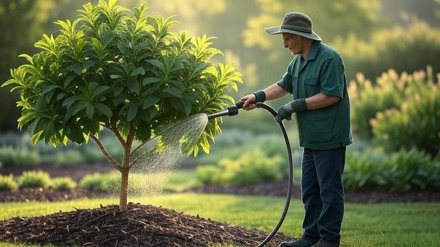 Gardener watering yellowhorn tree with soaker hose in garden"