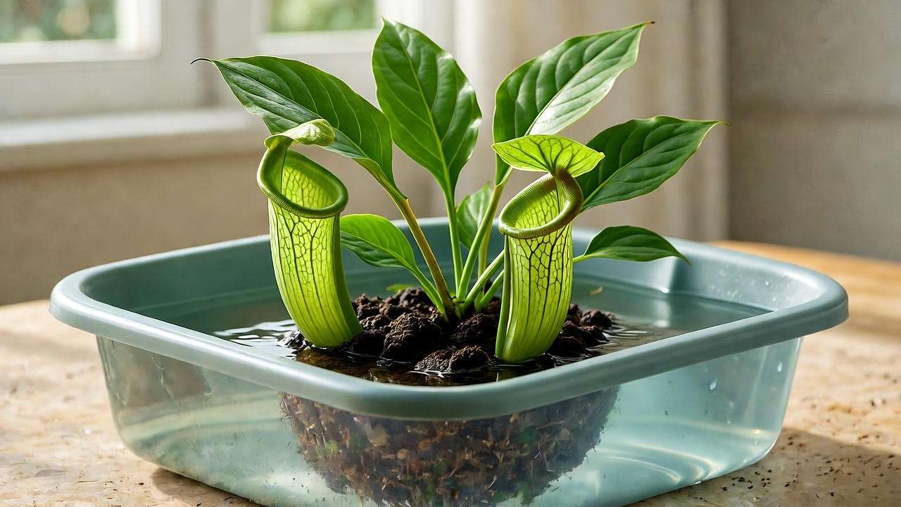 Tray system with a cobra lily plant pot in distilled water showcasing healthy green pitchers and leaves.