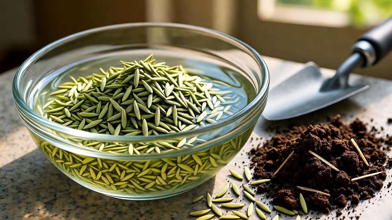 Close-up of methi seeds soaking in water with soil mix and trowel for planting".