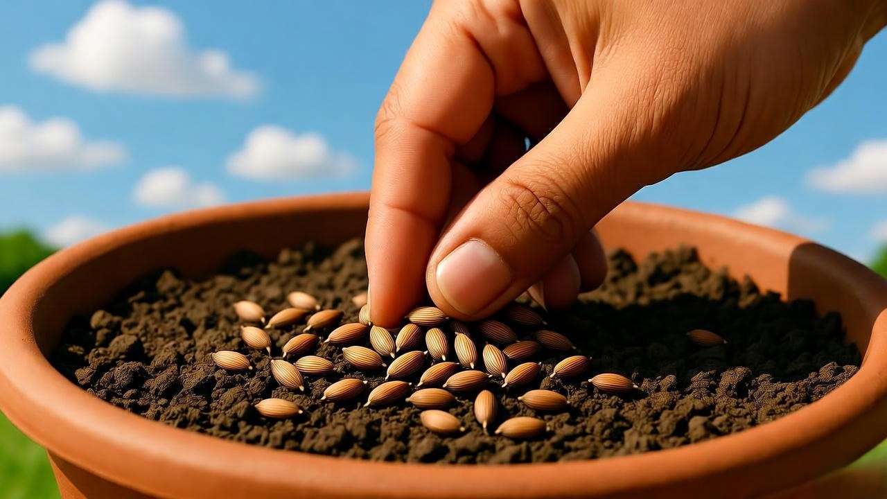 Hand sowing methi seeds into a pot with soil in a sunny garden".