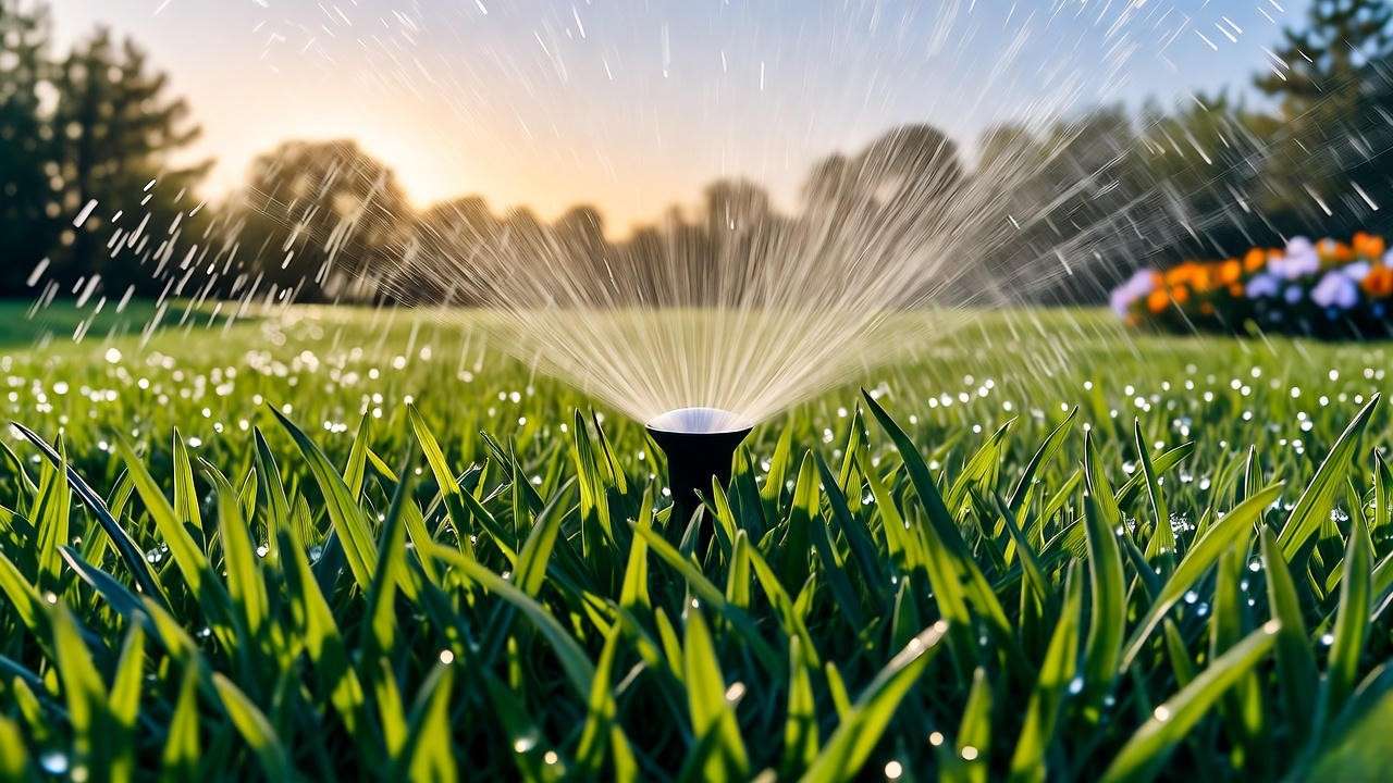 Sprinkler watering lush grass plants in a vibrant lawn at sunrise, showcasing healthy hydration.