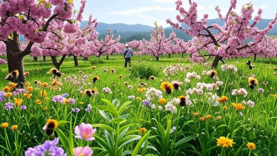 Thriving cherry orchard with large blossoms and bees on wildflowers.
