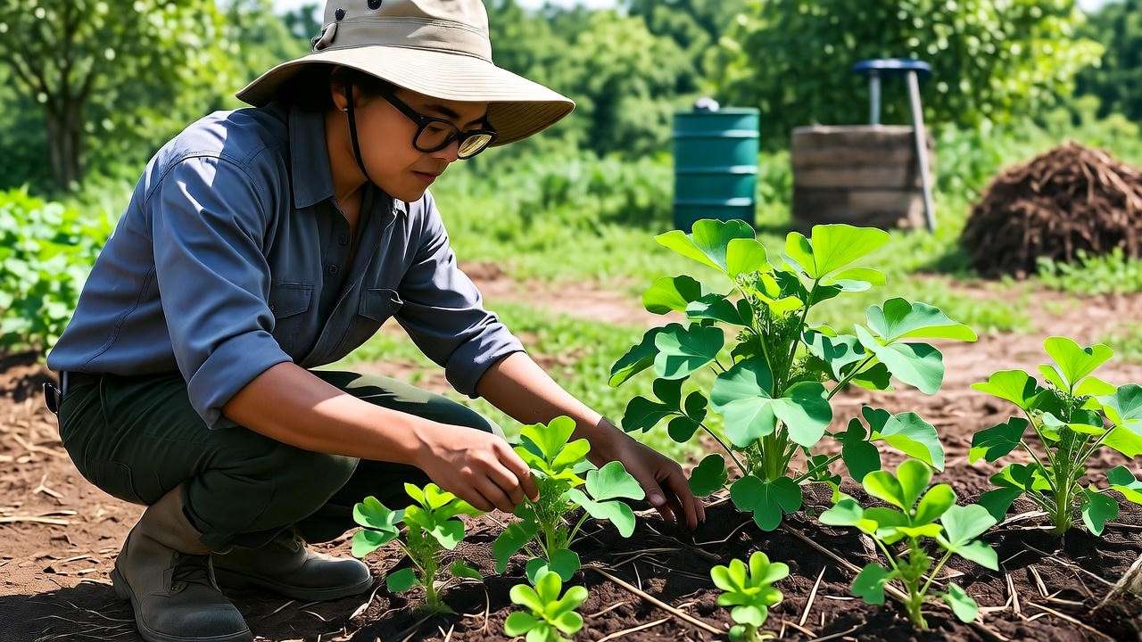 Horticulturist in a methi garden with rainwater collector".