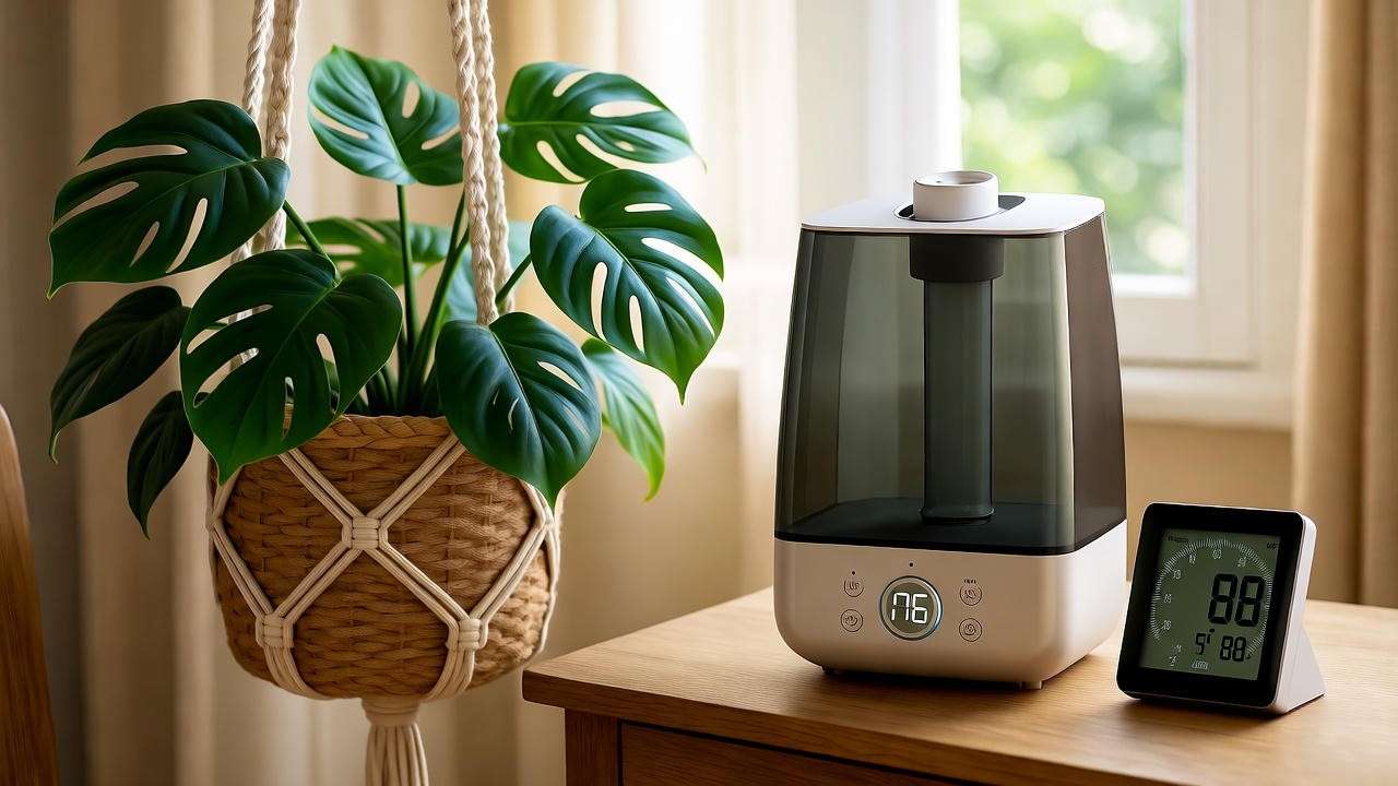 White princess plant in a hanging basket with humidifier and hygrometer in a cozy indoor corner.
