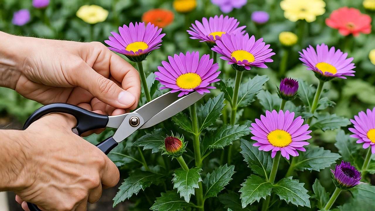 "Gardener pruning a pericallis plant to remove spent blooms in a colorful garden."