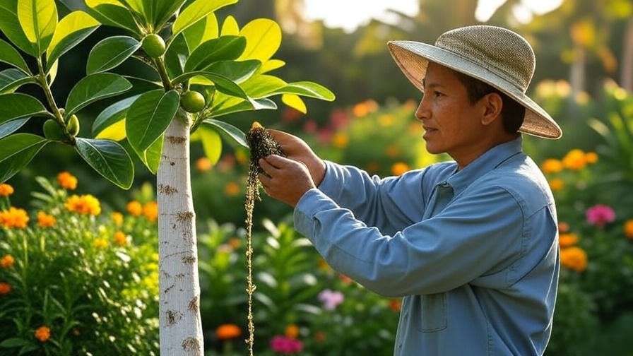 "Gardener applying seaweed extract to a white sapote tree with marigolds."