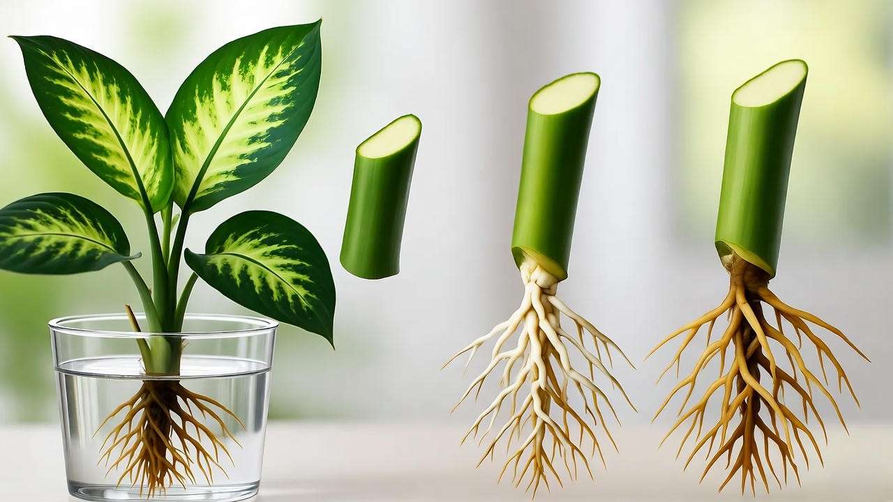 Step-by-step Dieffenbachia stem cutting propagation in water with roots forming and parent plant".