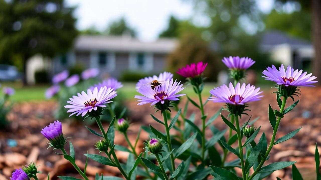 Healthy aster plants with purple and pink blooms and a bee in a mulched garden".