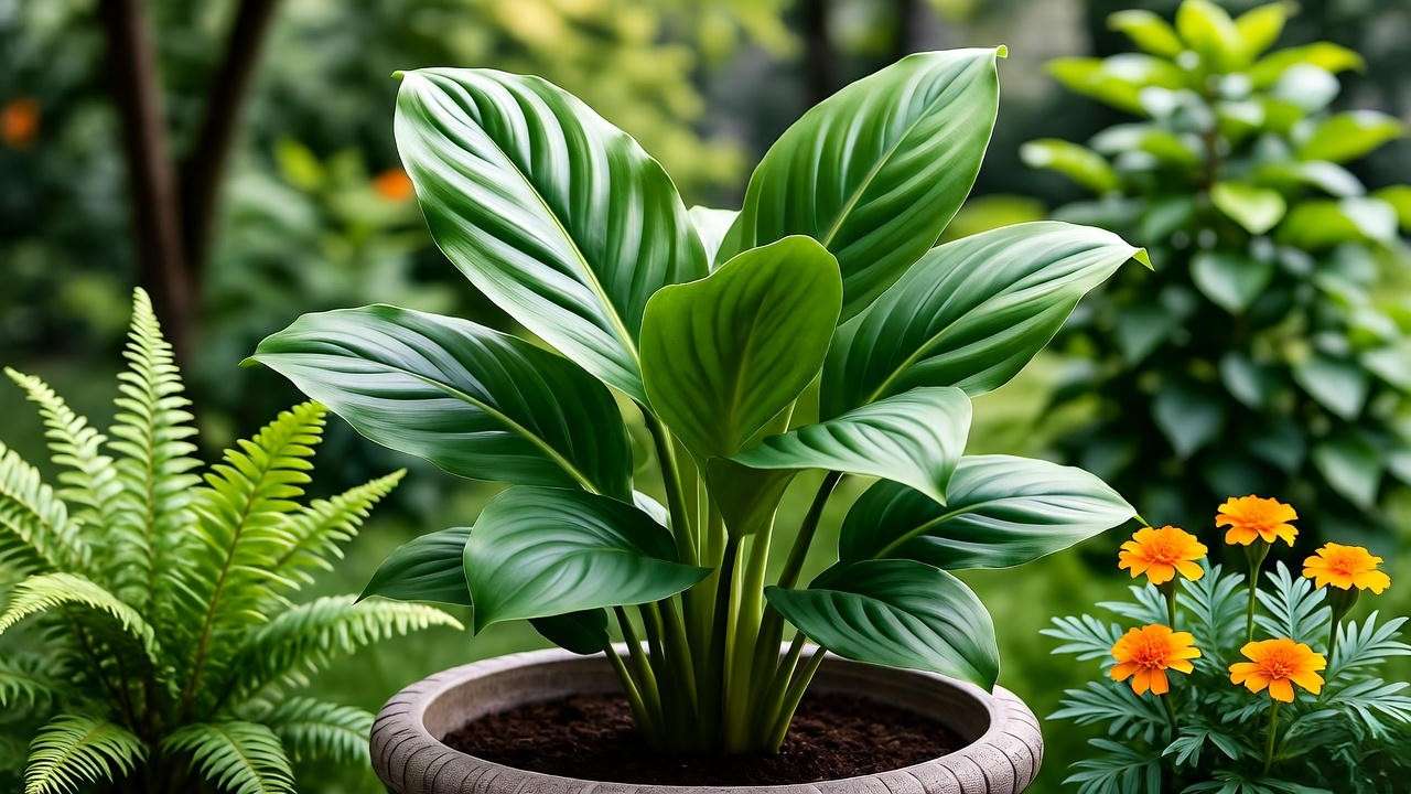 Batana plant with companion ferns and marigolds in an outdoor garden.