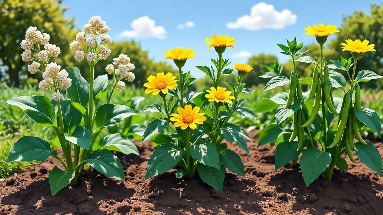 Garden bed with popcorn plants, marigolds, and beans in a sustainable layout."