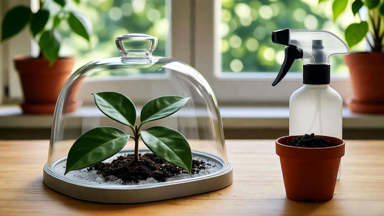 Hoya cutting on a heat mat with a humidity dome and spray bottle for successful propagation."