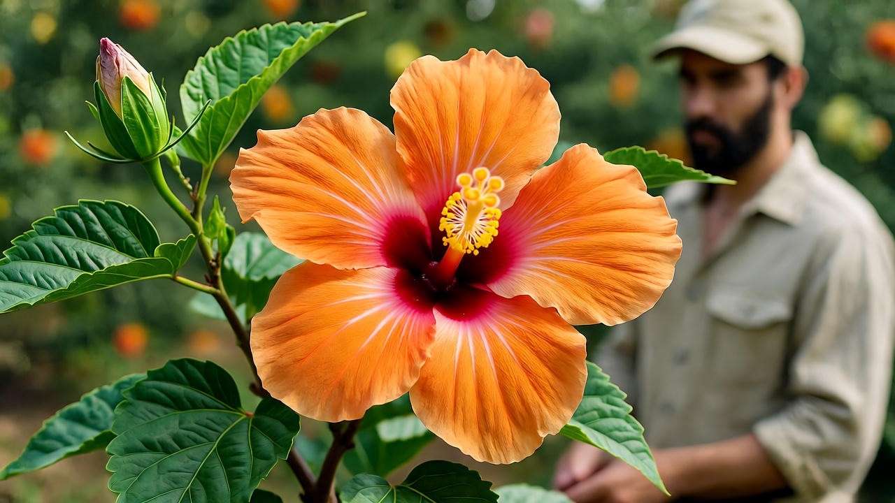 Vibrant hibiscus bloom with healthy leaves and a gardener inspecting the plant.