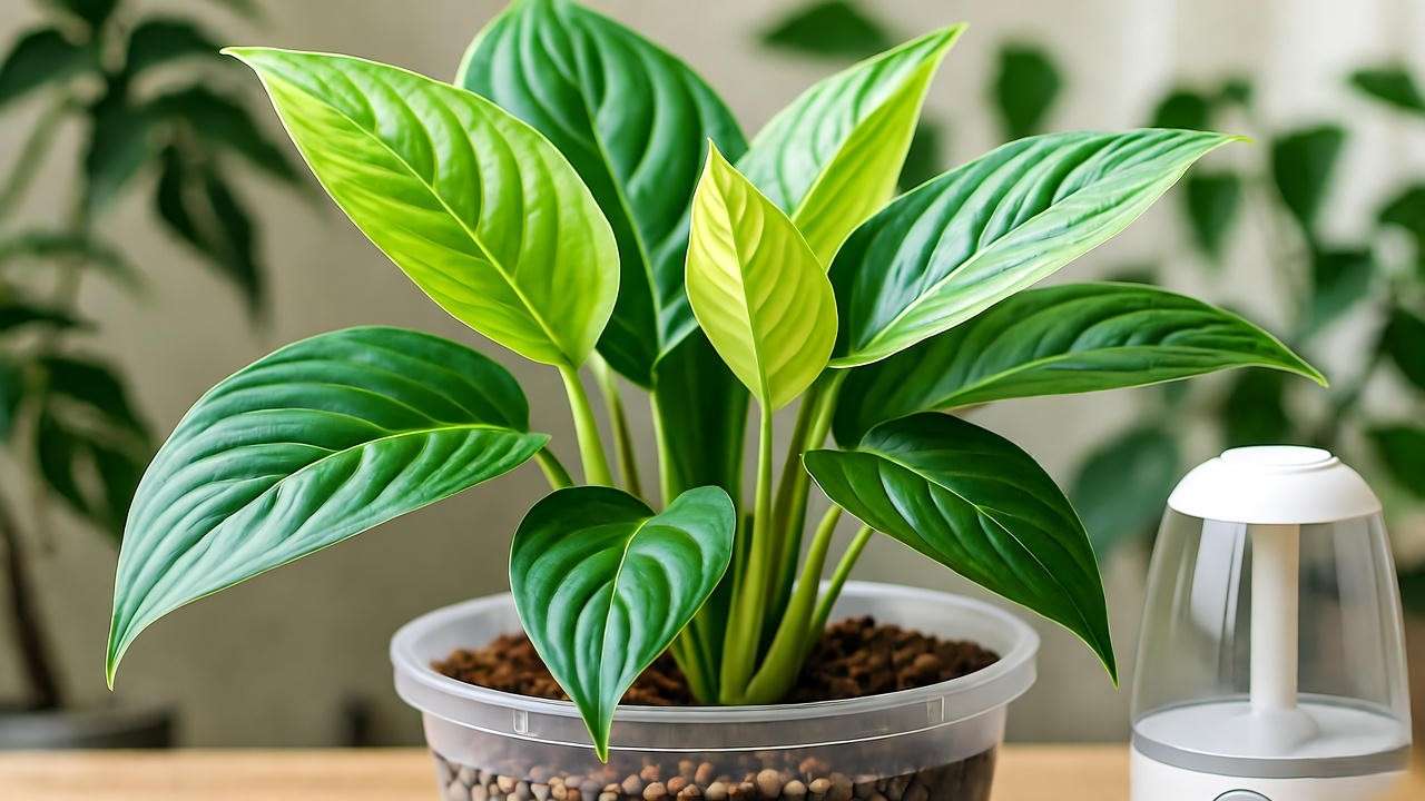 Japa plant with humidifier and pebble tray showing new growth."