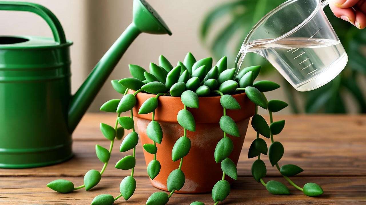 "Fertilizing a string of dolphins plant with diluted succulent fertilizer and watering can".