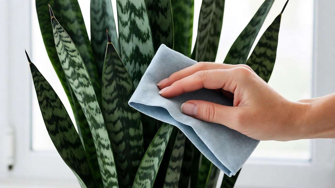 Person wiping leaves of a black coral snake plant with a damp cloth for care."