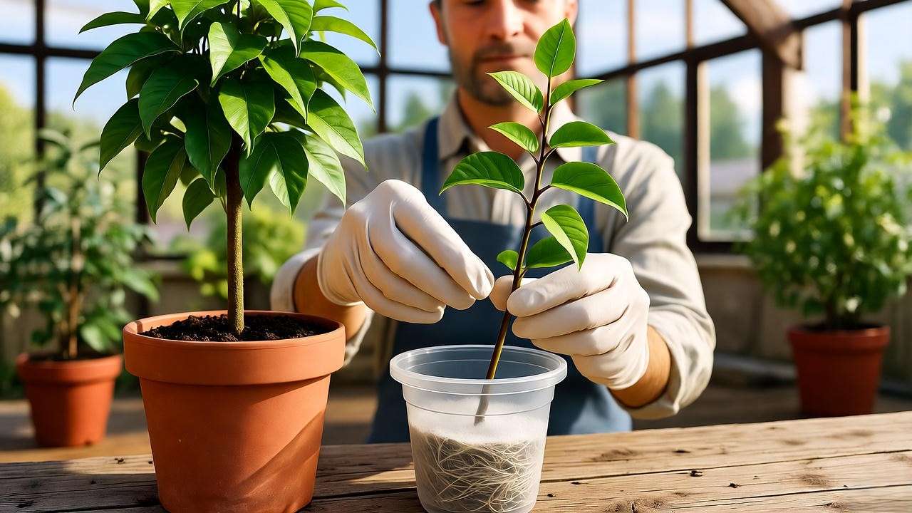 Gardener propagating a Eugenia topiary cutting in a greenhouse"
