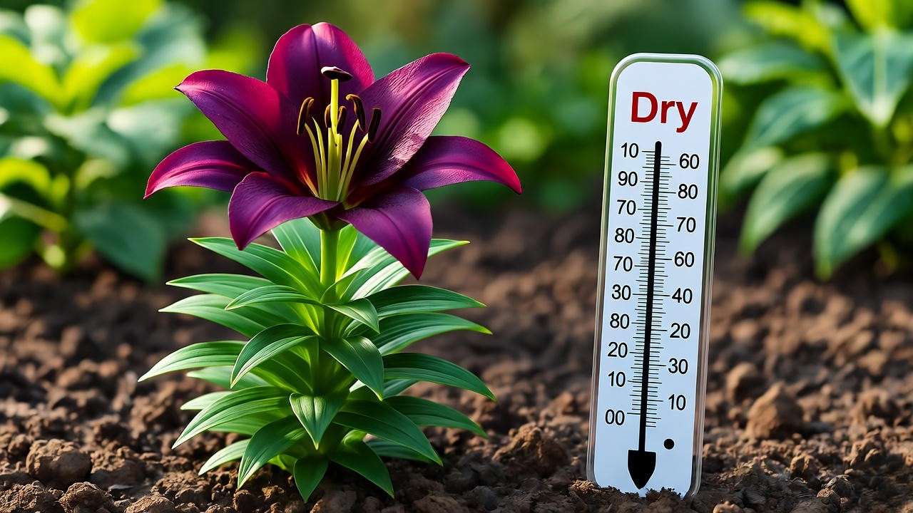Chocolate lily plant with blooms next to a soil meter in a shaded garden".