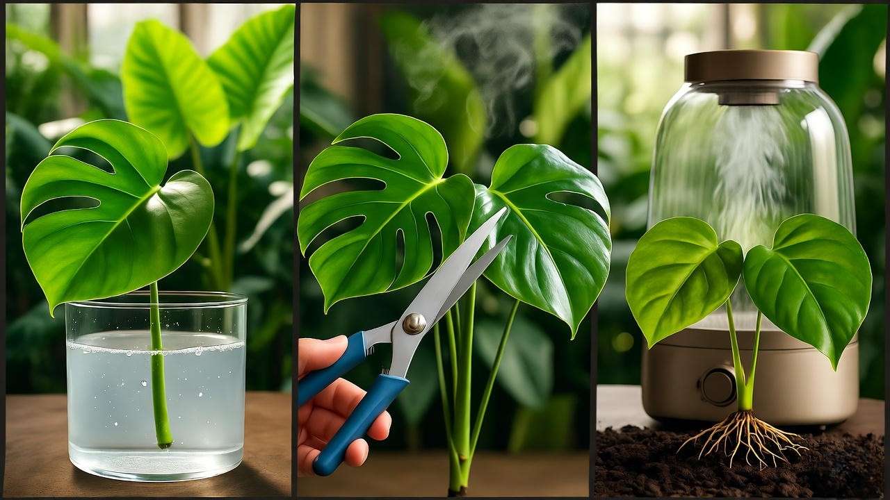 Propagating Monstera cutting, pruning plant, and using humidifier in a lush indoor garden."