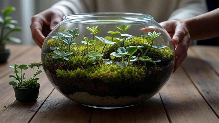 Hands rotating a terrarium with thriving Peperomia plants and moss on a wooden surface."