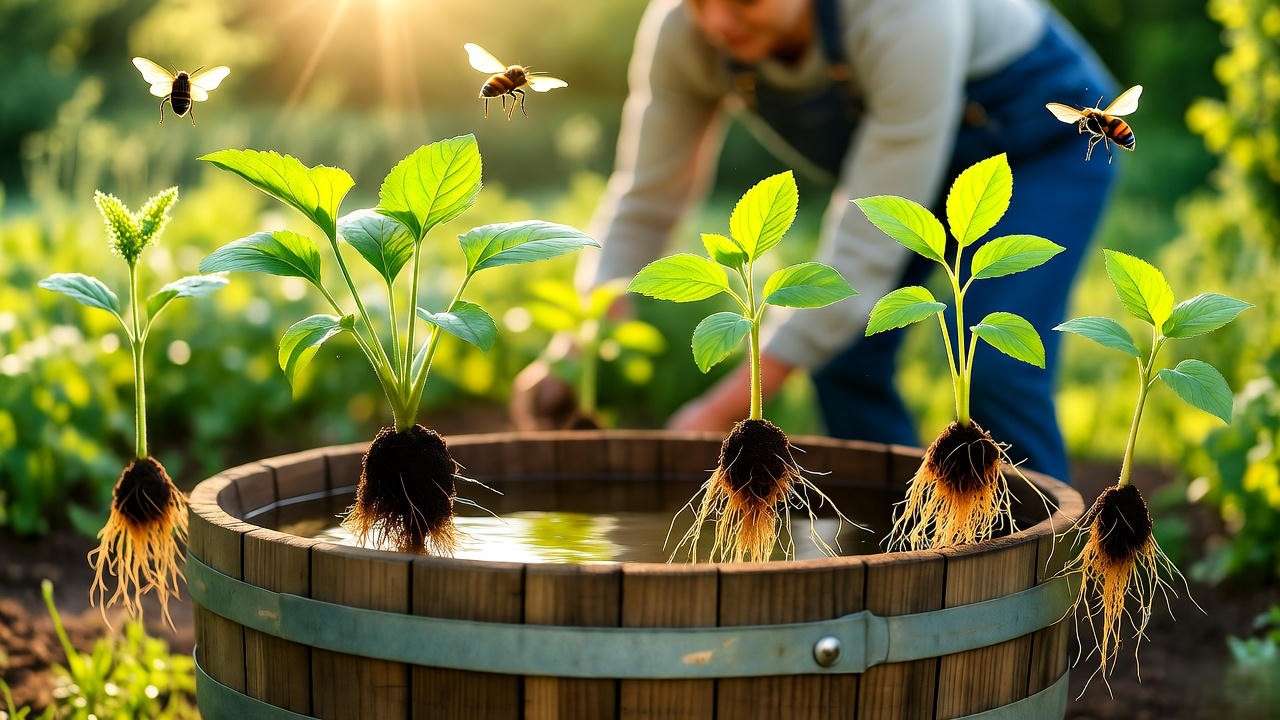 Sustainable garden with bare root native plants, rainwater barrel, and pollinators"