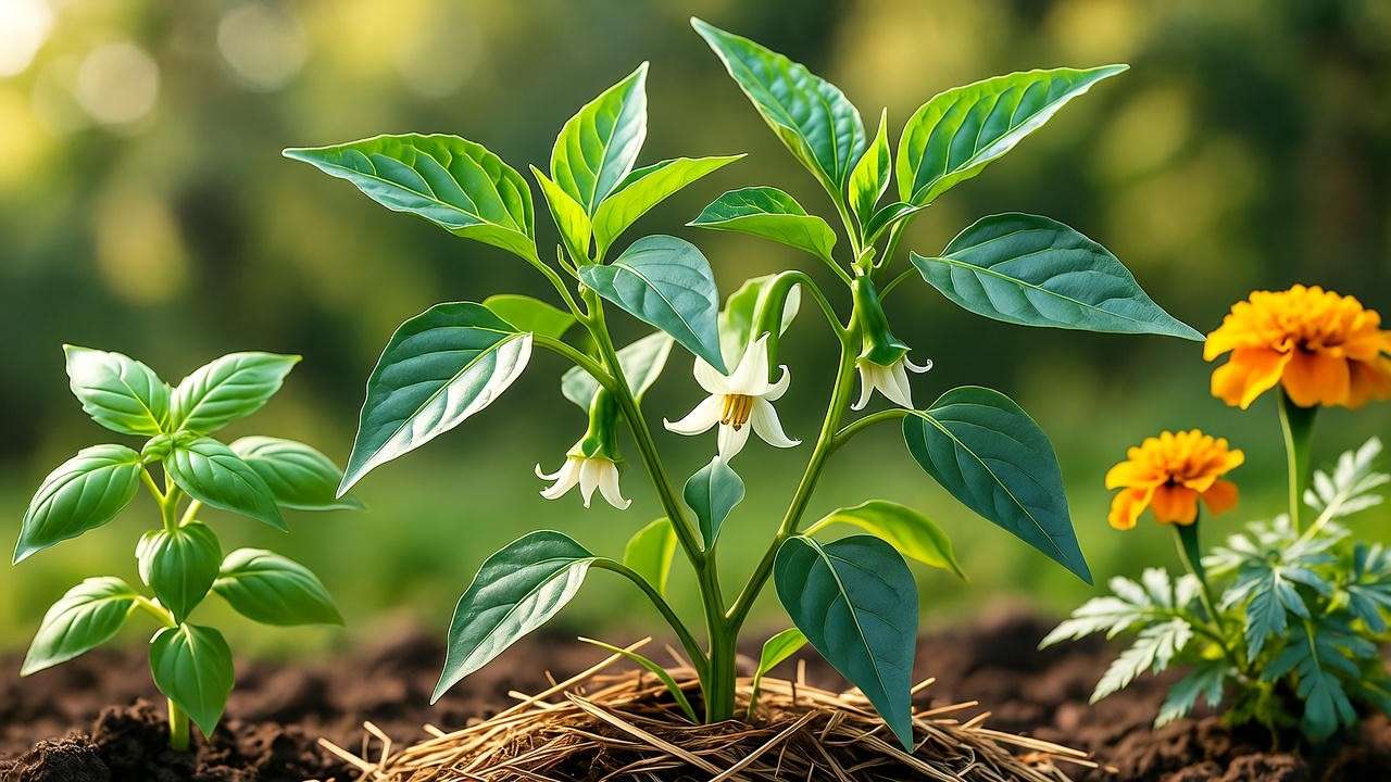 Mulched Bruscotia pepper plant with basil and marigold companion plants".