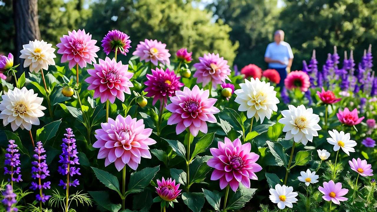 Vibrant dahlia garden with companion plants and gardener in summer-to-fall bloom."