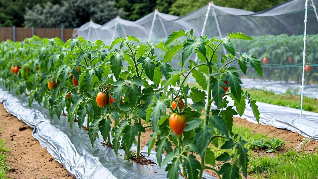 Heatmaster tomato plants with reflective mulch and shade cloths in a garden"
