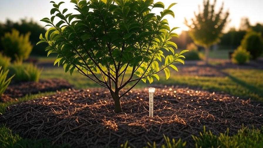 Tree water ring with mulch and rain gauge in a lush garden