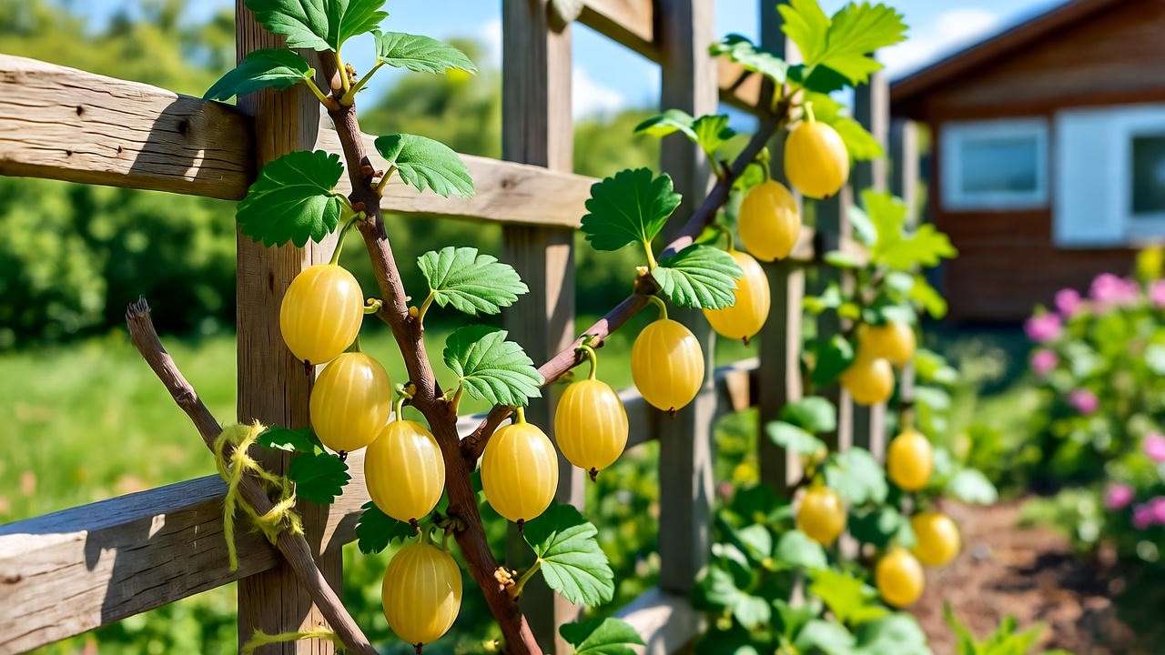 Gardener training a yellow gooseberry plant into an espalier shape with golden fruit in a garden."