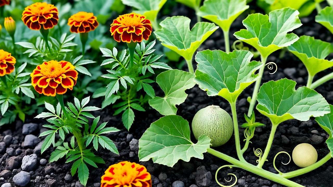 Garden bed with marigold flowers and cantaloupe vines growing together.