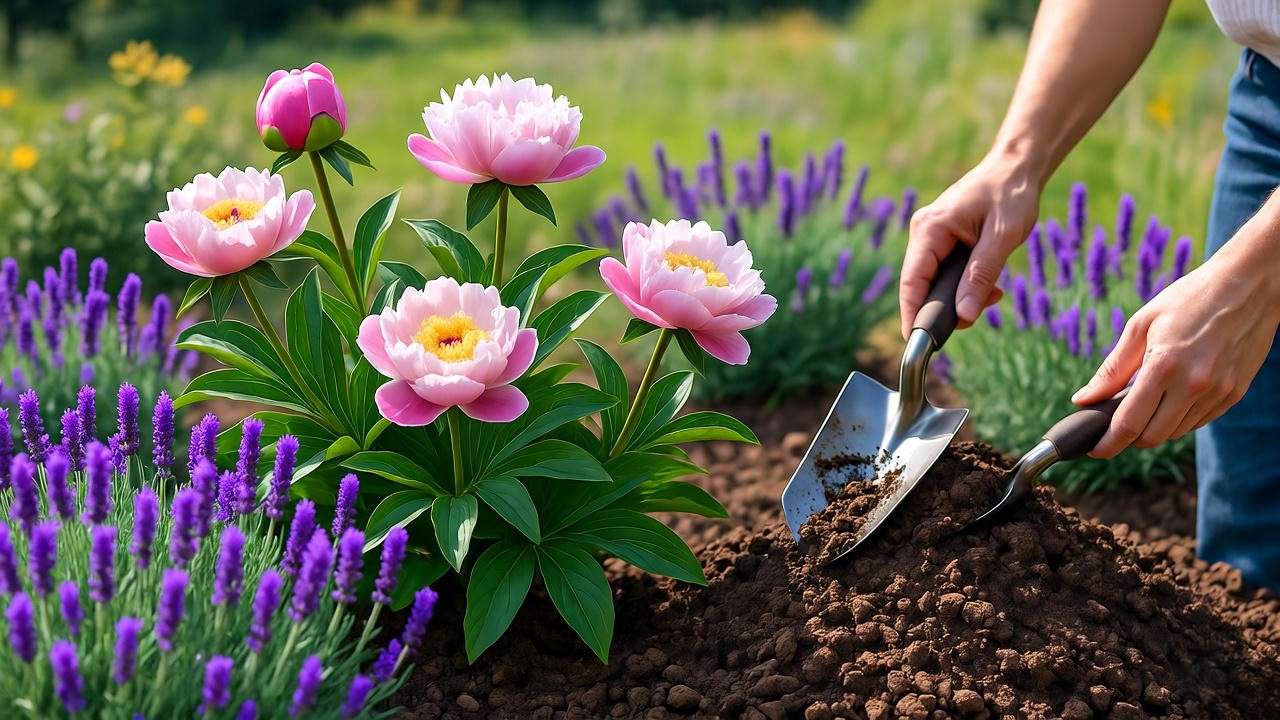 Garden bed with blooming peonies and lavender with gardener adding compost."