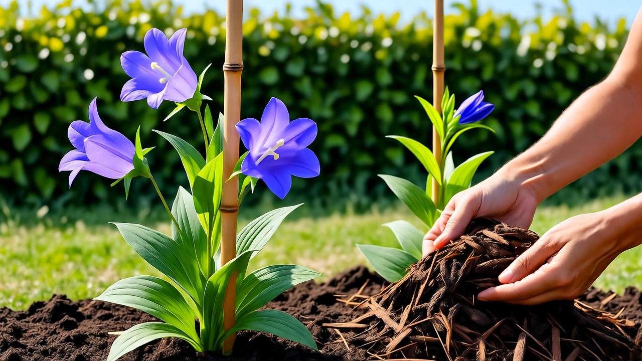 Canterbury bells supported by stakes and mulched in a coastal garden with shrubs."