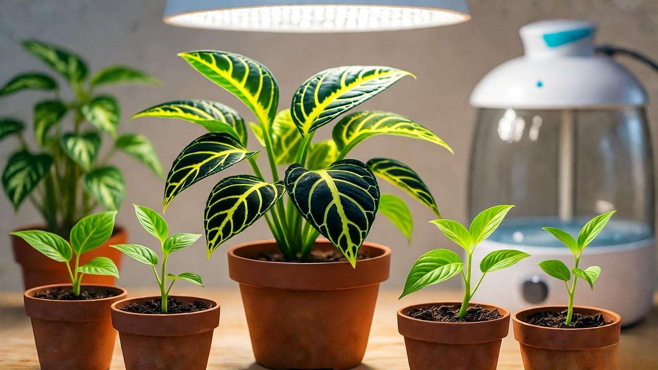 Indoor pericallis plant under grow light with propagated stem cuttings and humidifi