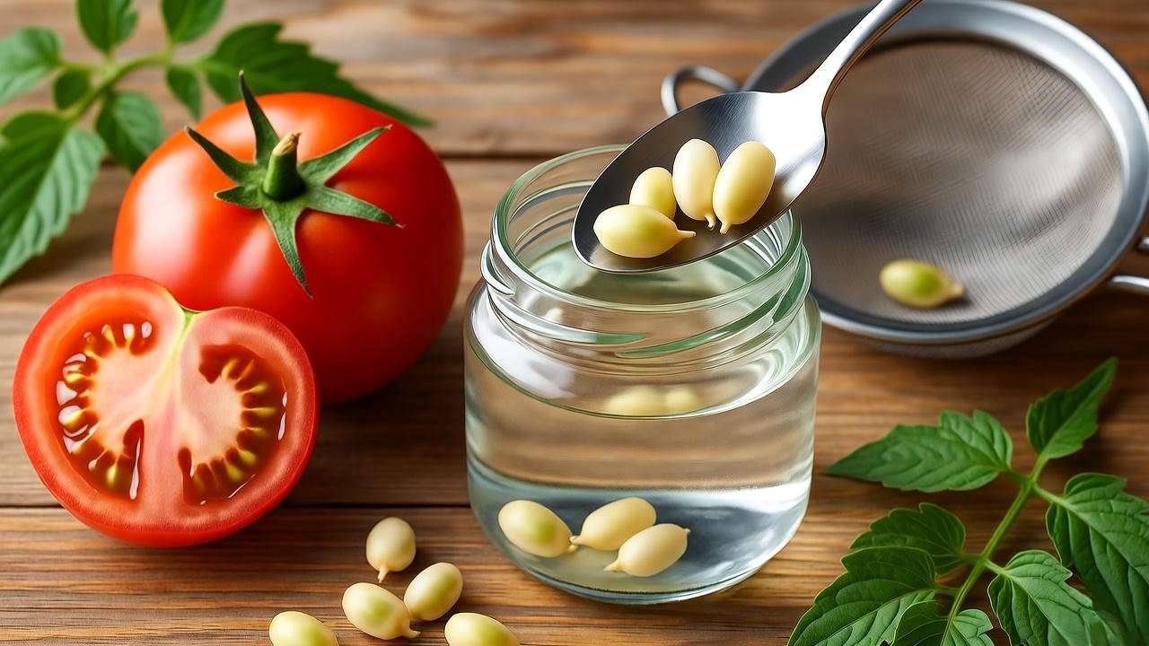 Close-up of extracting tomato seeds with a spoon into a jar for planting, surrounded by green leaves and a sieve."