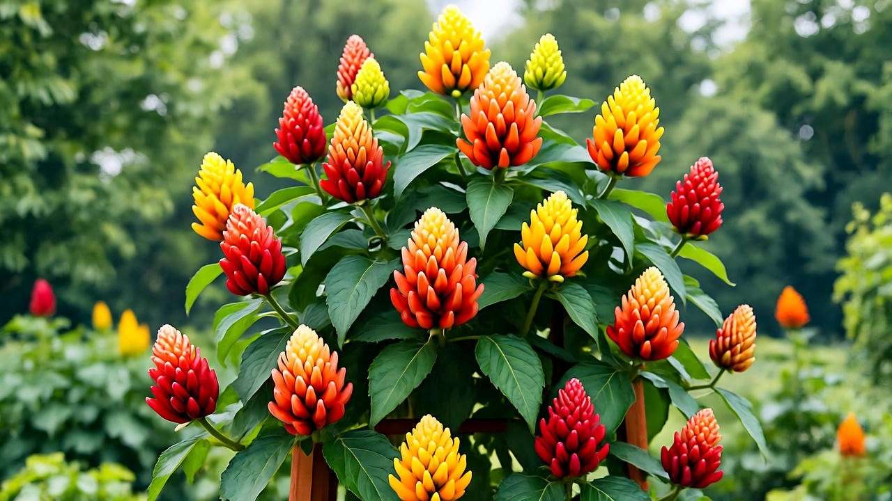 Candy corn plant thriving on an outdoor garden trellis with vibrant flowers."