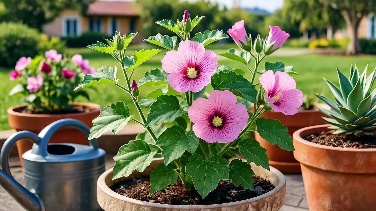 Desert mallow plant in a container with other potted desert plants on a sunny patio