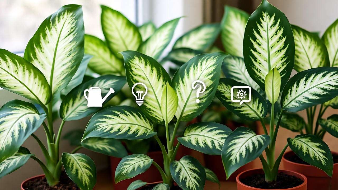Indoor setting with Dieffenbachia plants and subtle icons for watering and light FAQs".