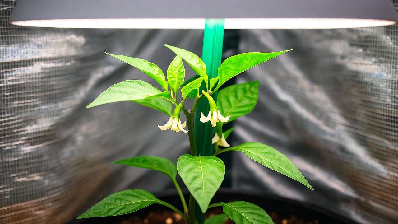 Pruned Bruscotia pepper plant indoors under grow lights with row cover".