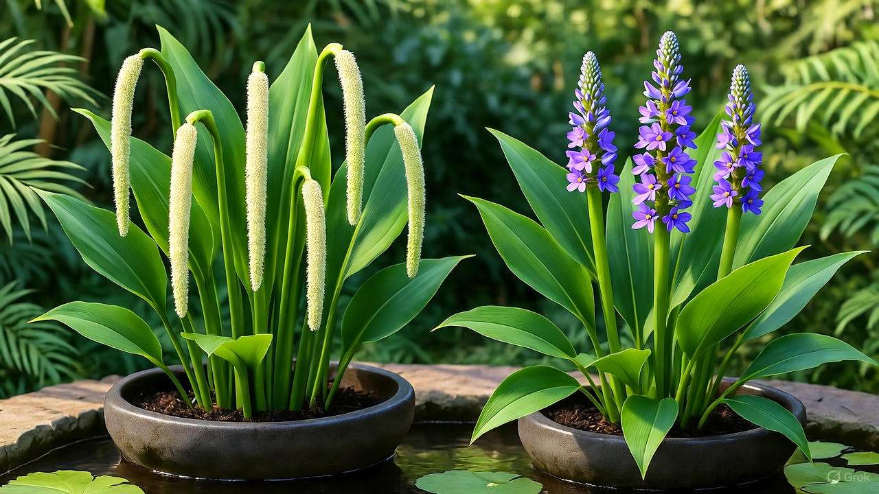 Container garden with Lizard’s Tail and Pickerelweed near a small water feature."