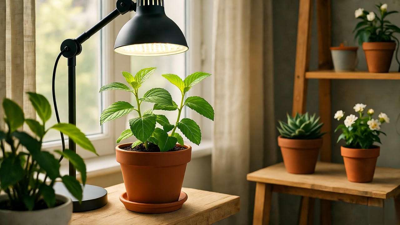 Ginger mint plant thriving indoors near a window with grow lights.