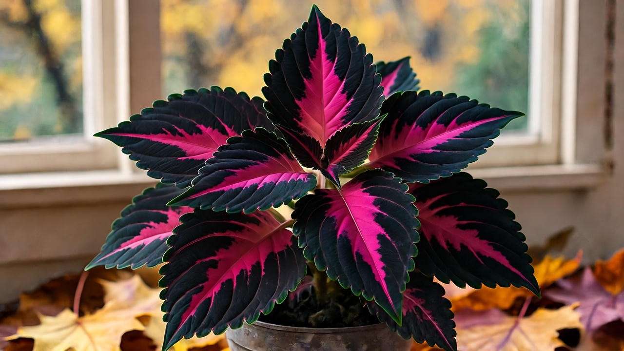 "Coleus Black Dragon plant moved indoors during fall with autumn leaves."