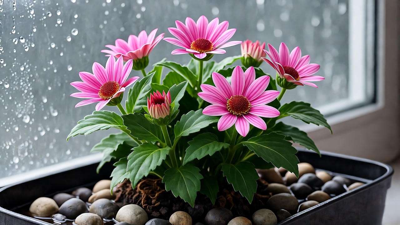 "Calandiva plant in winter with pebble tray and cozy setup".