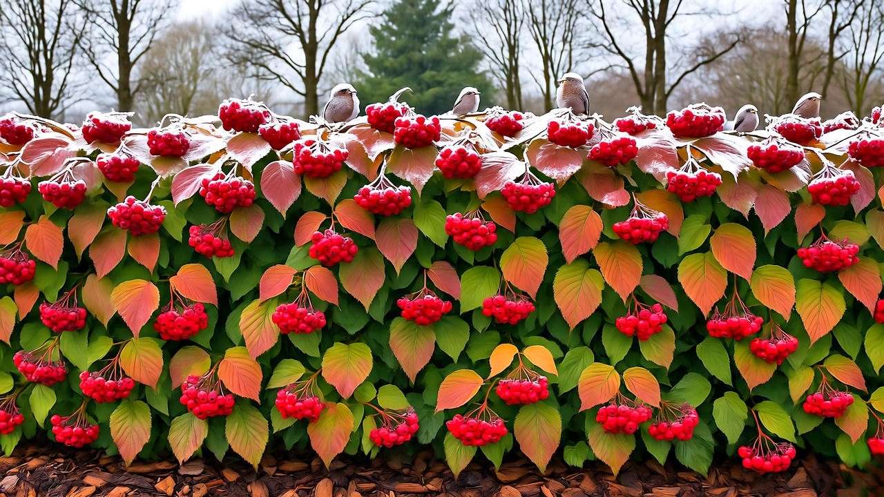 Viburnum opulus hedge in fall with red foliage, berries, and birds, mulched base, and light frost in a winter garden scene.
