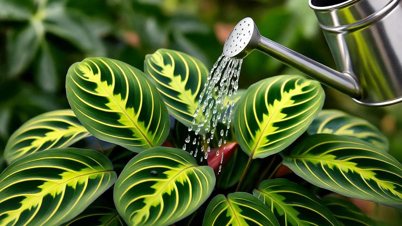Applying diluted fertilizer to a healthy Lemon Lime Prayer Plant."